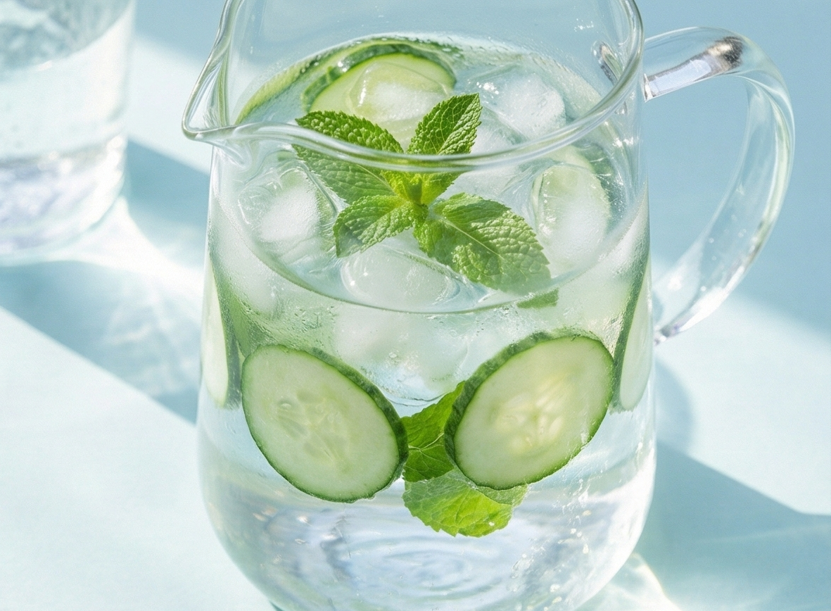 Krug mit frischem Wasser, Gurke und Minze