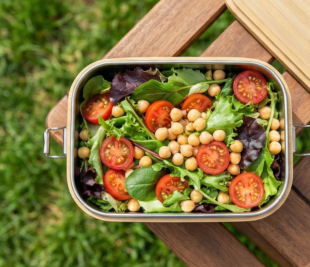 Offene Lunchbox mit Salat im Park
